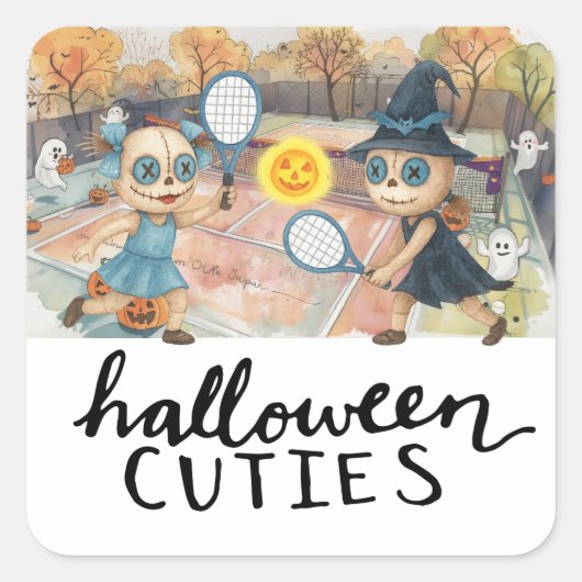 テニスボール付きテニスハローウィンパーティと幽霊 スクエアシール (正面)