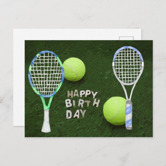 テニスボール付きテニス誕生日が緑に塗られている ポストカード (正面/裏面)