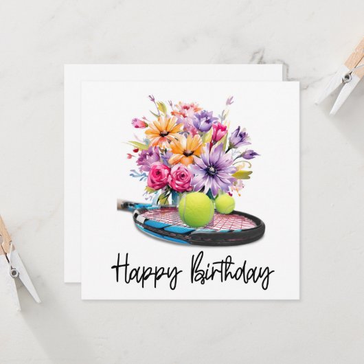 テニスボール及び誕生日用花付きラケット カード (正面/裏面インサイチュ)