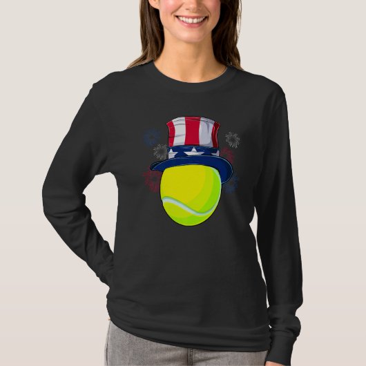 テニスボール&アンクルサムハットアメリカ国旗Jの4th Tシャツ (正面)