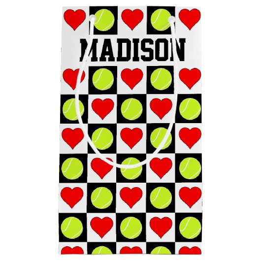 テニスボール&ハートカスタムプレイヤーまたはチーム名 スモールペーパーバッグ (正面)