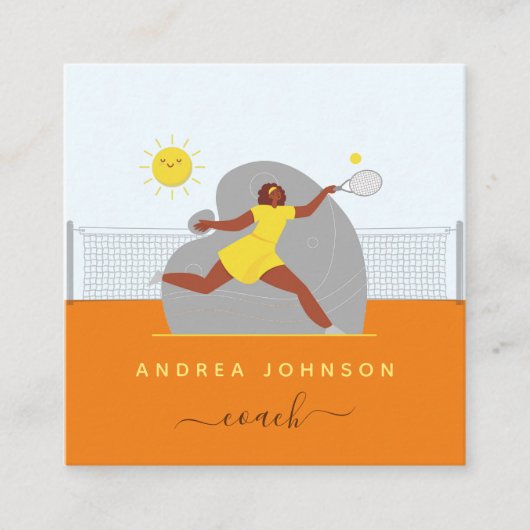 テニスモダンコーチ女子プレーヤーイラストレーション スクエア名刺 (正面)