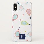 テニスモノグラムスポーツブルーグリーンカスタム iPhone X ケース<br><div class="desc">このおもしろいテニスのラケットとボールパターンは、海軍、ティール（緑がかった色）、ピンク、サンゴ、オレンジと緑で、あなたの人生のアスリート、コーチやプレーヤーに最適である。好みのモノグラムでパーソナライズ。</div>