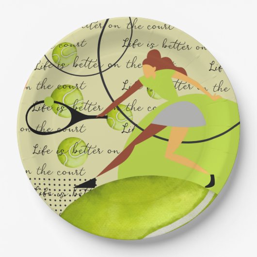 テニスライフはコートの女性選手により良い ペーパープレート (正面)