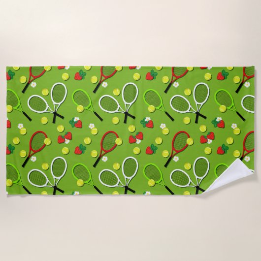 テニスラケットとテニスボールスポーツパターン（の模様が）ある ビーチタオル (正面)