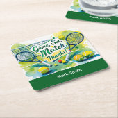 テニスラケットとボールでパーティーありがとう スクエアペーパーコースター (アングル)