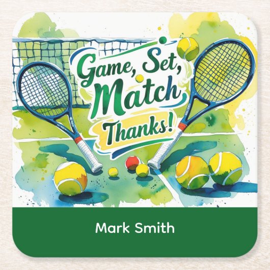 テニスラケットとボールでパーティーありがとう スクエアペーパーコースター (正面)