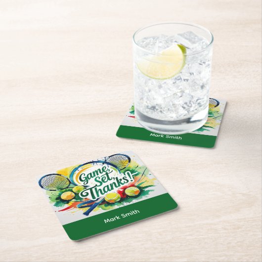 テニスラケットとボールでパーティーありがとう スクエアペーパーコースター (インサイチュ)