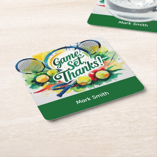 テニスラケットとボールでパーティーありがとう スクエアペーパーコースター (アングル)