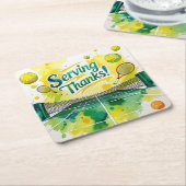 テニスラケットとボールでパーティーありがとう スクエアペーパーコースター (アングル)