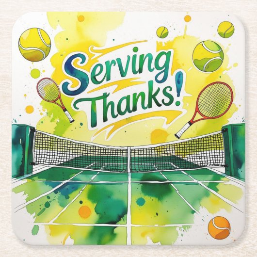 テニスラケットとボールでパーティーありがとう スクエアペーパーコースター (正面)