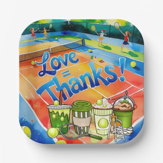 テニスラケットとボールでパーティーありがとう ペーパープレート (正面)
