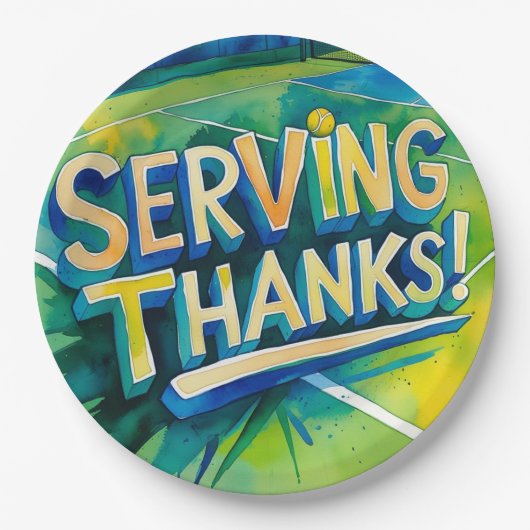 テニスラケットとボールでパーティーありがとう ペーパープレート (正面)