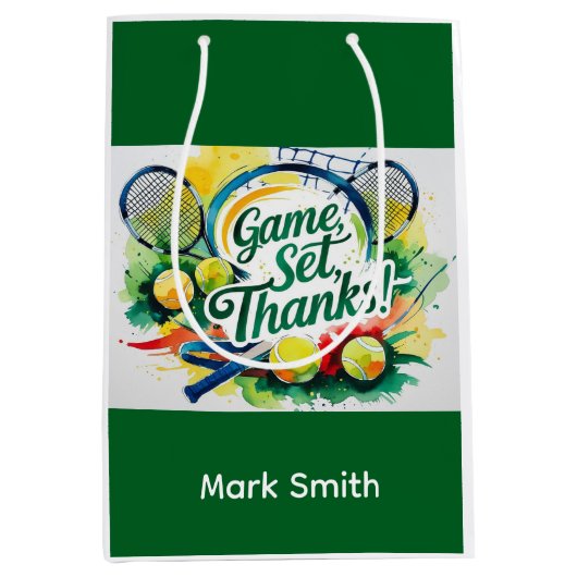 テニスラケットとボールでパーティーありがとう ミディアムペーパーバッグ (正面)