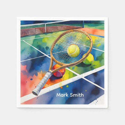 テニスラケットとボールオンコートありがとうパーティー スタンダードカクテルナプキン (正面)
