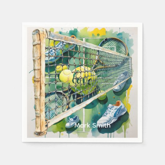テニスラケットとボールオンコートありがとうパーティー スタンダードカクテルナプキン (正面)