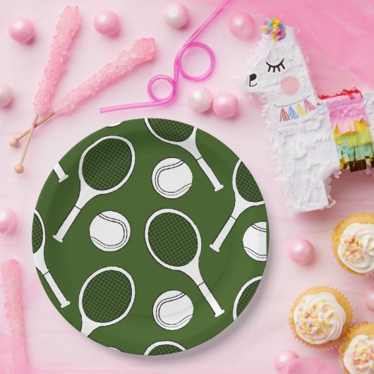 テニスラケットとボールブラックのインクがグリーンに付いている  ペーパープレート (パーティー)