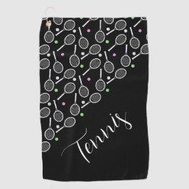 テニスラケットとボールブラックパーソナライズされた ゴルフタオル