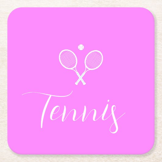 テニスラケットとボール ディープピンク スクエアペーパーコースター (正面)