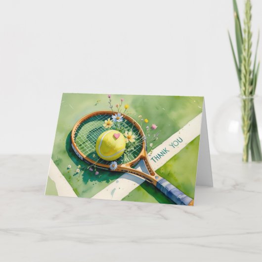テニスラケットとラブボール赤いハート サンキューカード (正面)