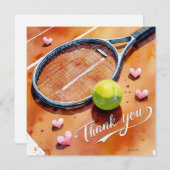 テニスラケットとラブボール赤いハート サンキューカード (正面/裏面)