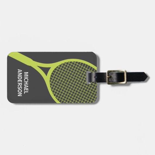 テニスラケットの名前入りな一流の緑および灰色 ラゲッジタグ (正面横)