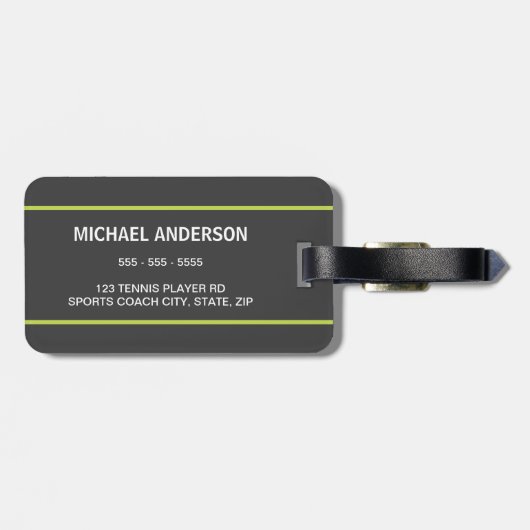 テニスラケットの名前入りな一流の緑および灰色 ラゲッジタグ (裏面横)
