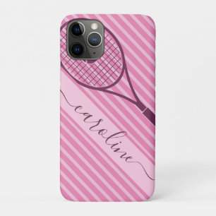 テニスラケットガール名ピンクかわいいストライプのスポーツ iPhone 11 PROケース