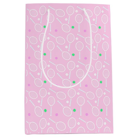 テニスラケットパターンピンク ミディアムペーパーバッグ
