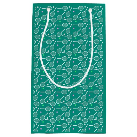 テニスラケットパターンレトロエメラルドグリーン スモールペーパーバッグ (正面)