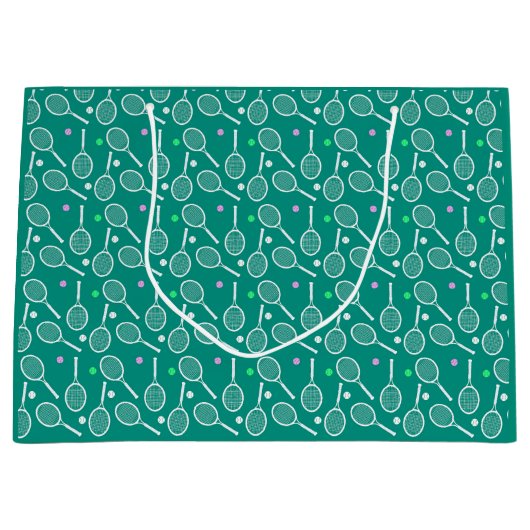 テニスラケットパターンレトロエメラルドグリーン ラージペーパーバッグ (正面)