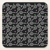 テニスラケットパターン贅沢なブラック スクエアペーパーコースター (正面)