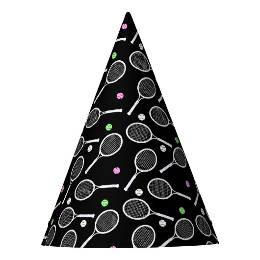 テニスラケットパターン贅沢なブラック パーティーハット (正面)