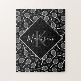 テニスラケットボールパターンイニシャル&ネームモノグラム ジグソーパズル