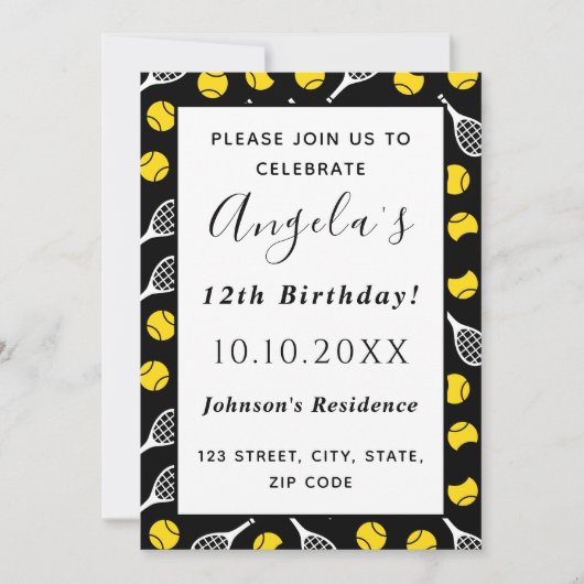 テニスラケットボールパターン子供の誕生日パーティー 招待状 (正面)