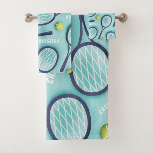 テニスラケットボール&キッズガールズネームパターンブルー バスタオルセット (インサイチュ)