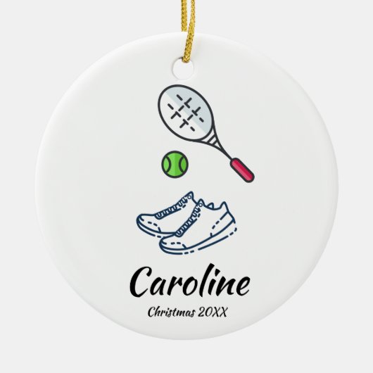 テニスラケットボール&シューズパーソナライズされたスポーツクリスマス セラミックオーナメント (正面)