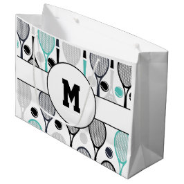 テニスラケットモノグラムイニシャルグリーンブラックスポーツ ラージペーパーバッグ