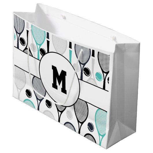 テニスラケットモノグラムイニシャルグリーンブラックスポーツ ラージペーパーバッグ (正面アングル)
