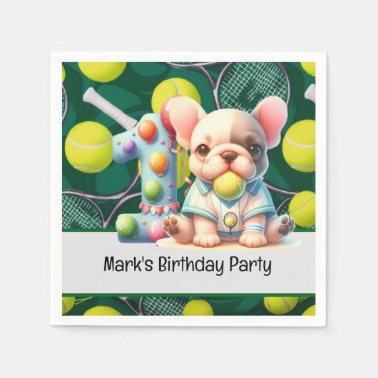 テニスラケット及びボール1歳パーティー スタンダードカクテルナプキン (正面)
