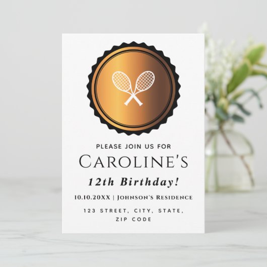 テニスラケット金ゴールドとブラックエレガントプレイヤーパーティー 招待状 (スタンド正面)