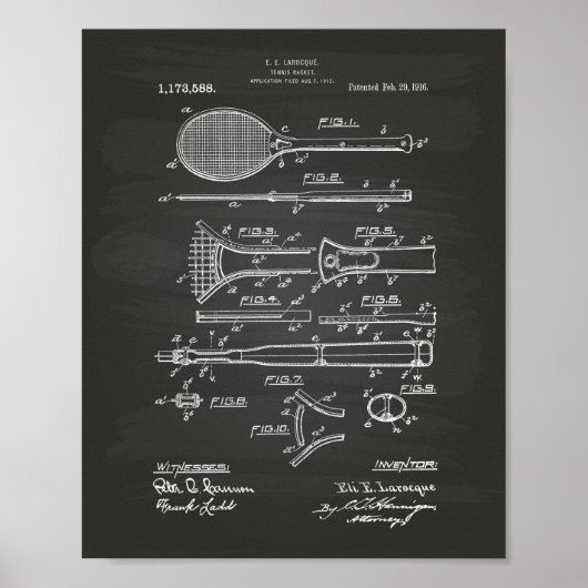 テニスラケット1916パテントアート – Chalkboard ポスター (正面)
