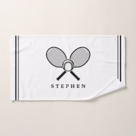 テニスラケット&ネームブラック&ホワイトスポーツ ハンドタオル