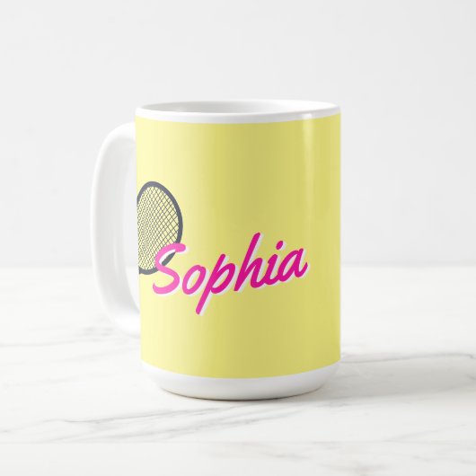 テニス名前をカスタムするホットピンクイエローブラック コーヒーマグカップ (正面左)