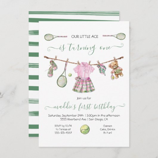 テニス名門私立校風のガール誕生日ターニング 招待状 (正面/裏面)