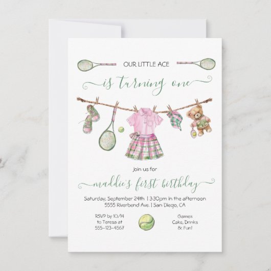 テニス名門私立校風のガール誕生日ターニング 招待状 (正面)