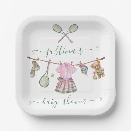 テニス名門私立校風のベビーシャワー物干し ペーパープレート (正面)