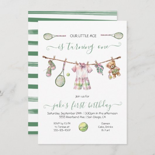 テニス名門私立校風のボーイ誕生日1回 招待状 (正面/裏面)