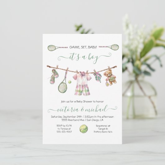 テニス名門私立校風のボーイ赤ちゃんシャワー 招待状 (スタンド正面)