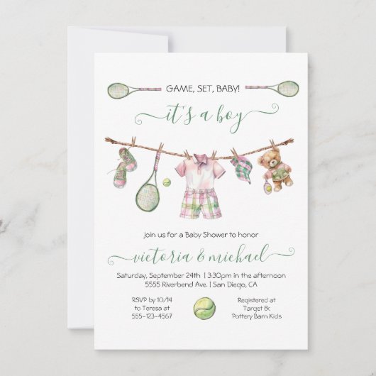 テニス名門私立校風のボーイ赤ちゃんシャワー 招待状 (正面)